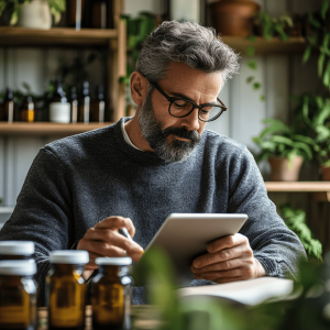 Man browsing CBD products in a modern Australian wellness store, using a tablet.