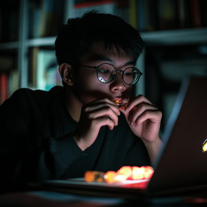 Man eating a CBD gummy while studying on a laptop at his desk in the dark.