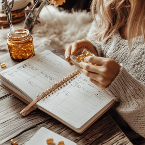 Woman eating CBD gummies before preparing her planner journal for her day.