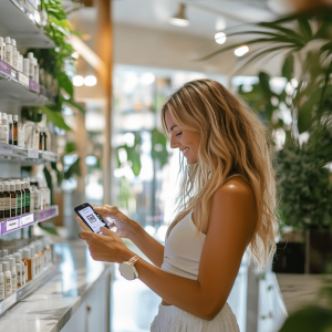 Woman scanning CBD edible product information in a bright pharmacy in Australia.