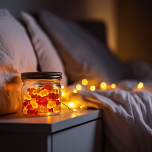 Jar of red and yellow CBD gummies with melatonin on a bedside lit by fairy lights.