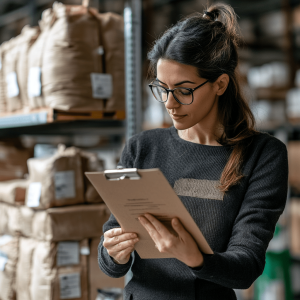 A woman carefully reads from her clipboard about CBD products in an ecommerce warehouse.