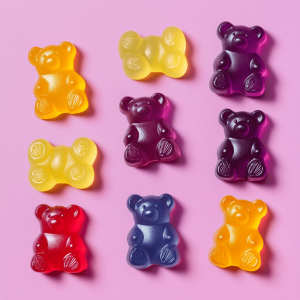 Different coloured bear-shaped CBD gummies positioned on a well-lit pink surface.