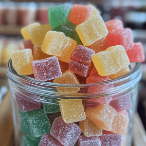 Glass jar overfilled with cube-shaped, sugar-coated CBD gummies.