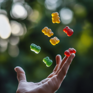 Colourful CBD gummies being flinged into the air in a leafy setting.