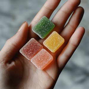 Close up of a hand holding up four CBD gummies of differing colours for inspection.