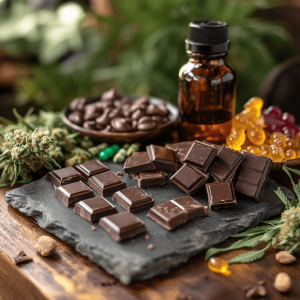 CBD chocolates on a slab of rock surrounded by CBD gummies, oil and hemp buds.