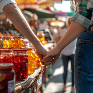 Couple holding hands at a market stall filled with jars of CBD gummies.