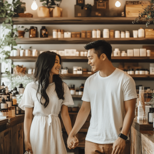 Smiling couple in a well-lit retail store surrounded by various CBD products on shelves.