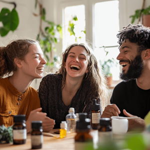 Group of friends laughing together around a table with CBD oil and edible products.
