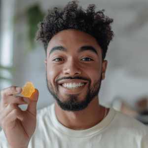 A man smiles while he holds up a yellow CBD gummy in a bright, cozy home setting.