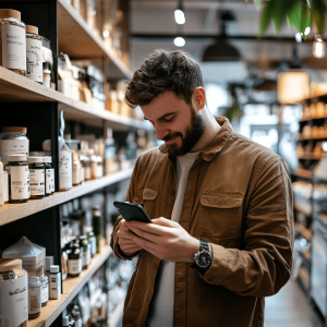 A man in an Australian CBD shop researching different edible products on his phone.