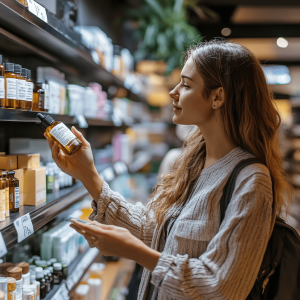 Woman shopping for CBD products in Australia, comparing different types on a retail store shelf.
