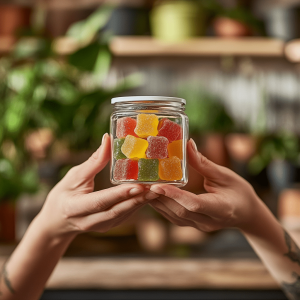 Hands holding a jar of colourful CBD gummies in a green indoor setting.