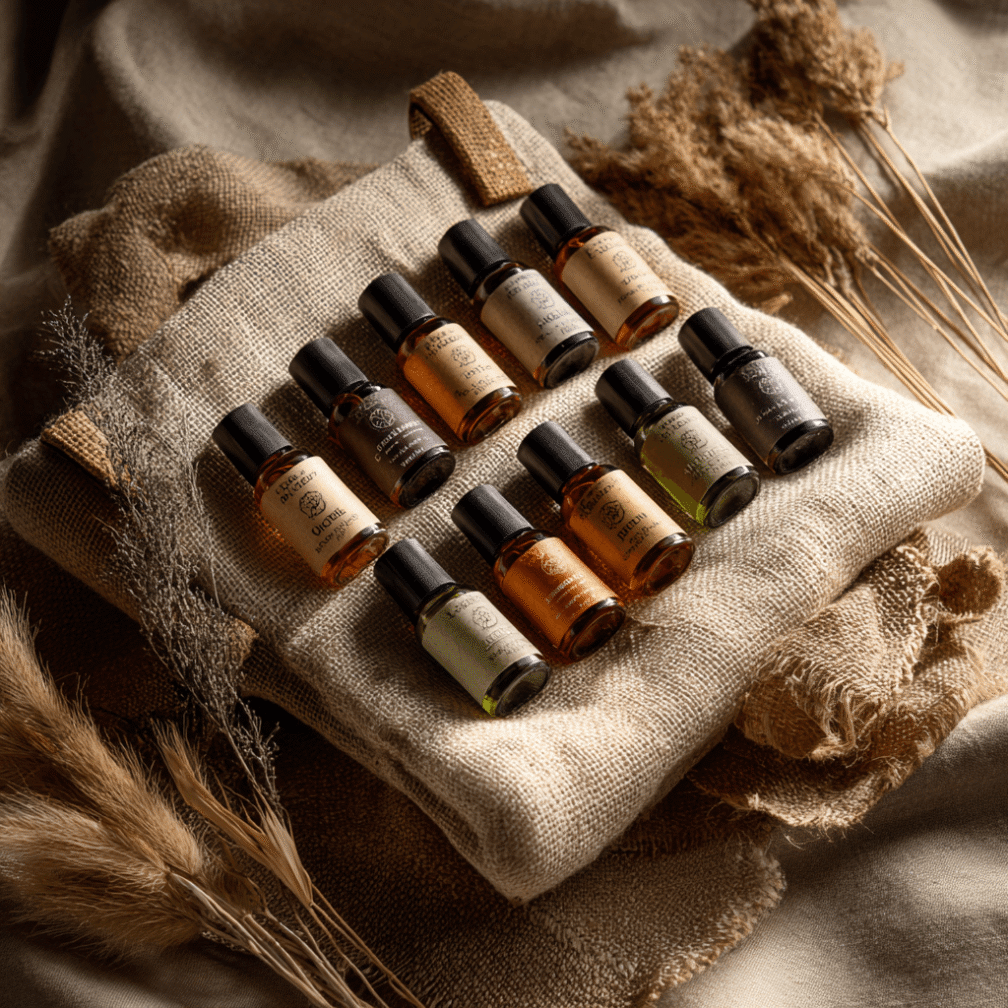 Flat lay of travel-sized Australian essential oil bottles in natural tones arranged on linen with dried grasses.