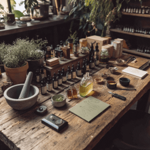 Rustic wooden work bench with handcrafted essential oils, botanicals, and apothecary tools in a workshop setting.