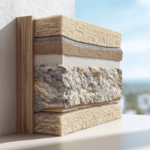 Hempcrete cross-section with layers of natural insulation, stone, lime render and wood showing.
