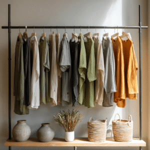 Neutral-toned hemp shirts hung on a wooden rack with sunlight streaming onto them within an Australian boutique store.