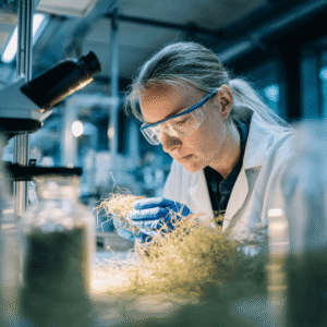 Lab close-up of a scientist analysing hemp fibre under soft lab lights.