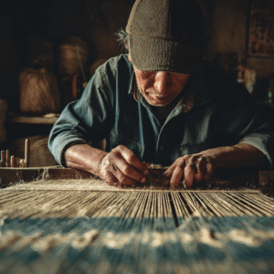 Australian natural textile factory with hemp threads on traditional looms, organic fibres displaying.