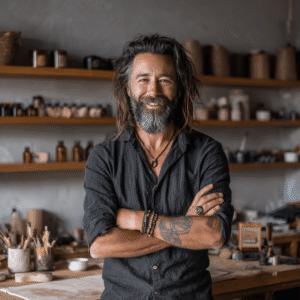 Bearded Australian hemp product maker in a Bondi crafts studio with crossed arms and a smile.