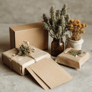 Handmade soap bars wrapped in hemp string, natural textures and earth tones, showing sustainable product packaging.