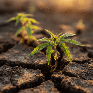 Young hemp plants thriving in dry, cracked Australian earth. A symbol of drought-resistant, regenerative crops.