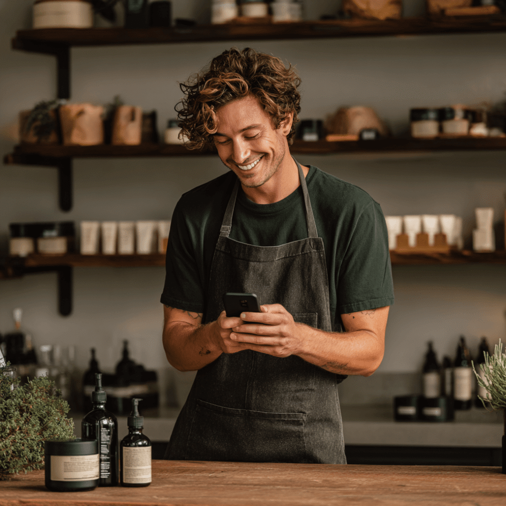 Happy small-batch hemp product retailer checking a shipping order on a smartphone in a natural studio.