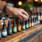 Close-up of hand picking CBD oil tincture from a variety of products lined up on a rustic wooden display.