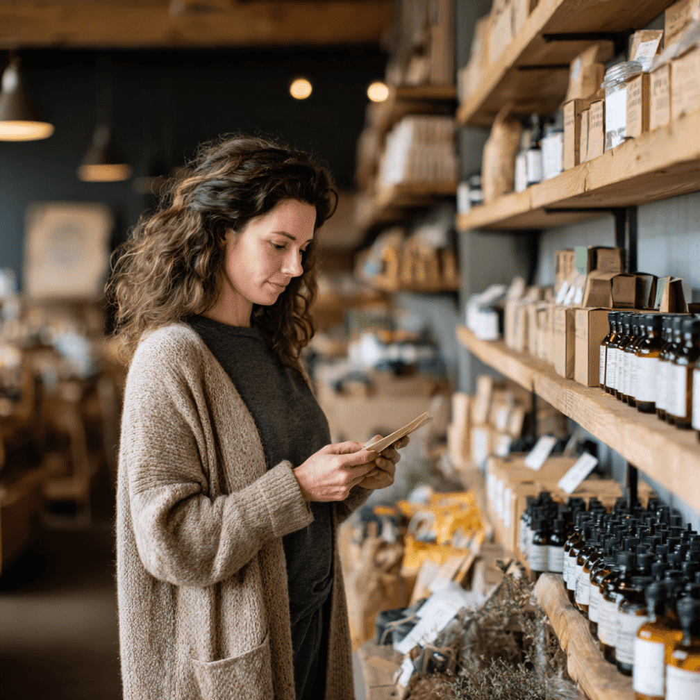 Woman browsing CBD skincare products in a boutique store, shelves lined with organic hemp topicals.