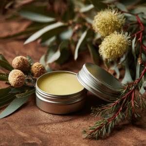 Tin of organic hemp balm with open lid, placed on a rustic wooden surface surrounded by Australian native flora, including eucalyptus and bottlebrush.