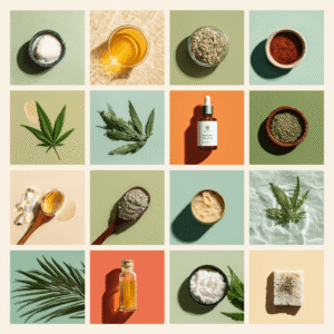 Grid of 16 hemp skincare ingredients featuring hemp leaves, botanical extracts, essential oils, and plant-based carrier mediums.