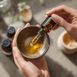 Hands holding a ceramic bowl of carrier liquid while using a dropper to dispense CBD extract into it for mixing.