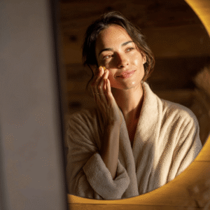 Smiling woman in bathrobe gently applying CBD facial serum to her face in front of a mirror, bathed in warm morning light.